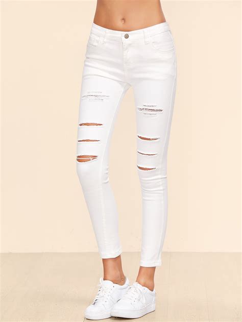 white damage jeans|white ripped ankle jeans.